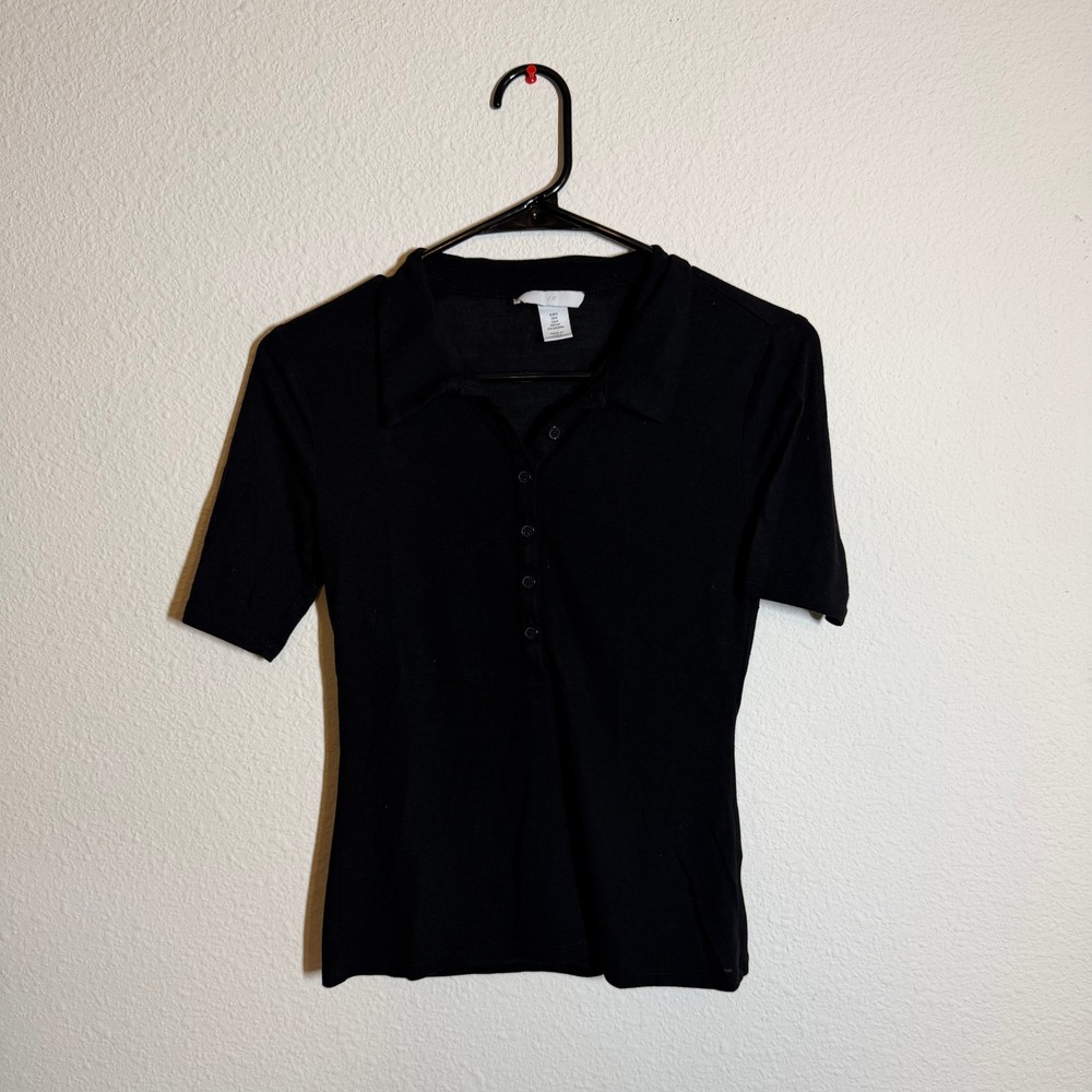 HM Women Black Short Sleeve Ribbed Henley Polo Shirt Size Small Slim Fit